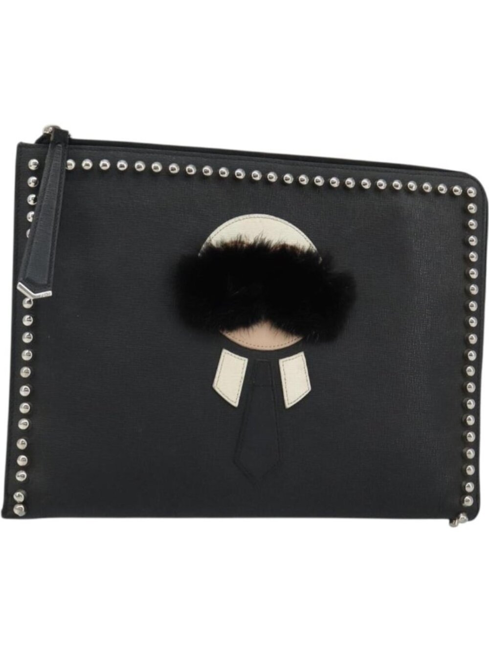 FENDI Karl Lagerfeld Clutch Bag Leather Black Silver